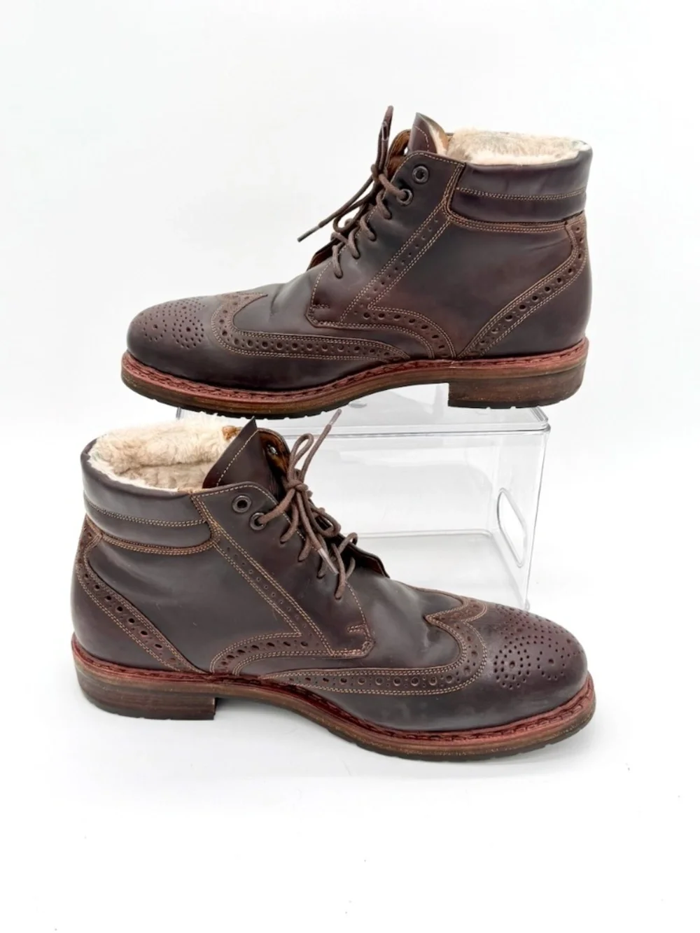 Heinrich Dinkelacker Brown Leather Wingtip Boots Shearling Lined Men US 10.5